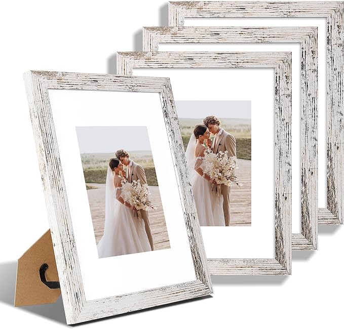9x12 Picture Frame Set of 4, Made of Glass and Distressed White Wooden Frame - Display Picture 6x8 with Mat or 9 x 12 Without Mat, 9 by 12 Photo for Wall or Tabletop