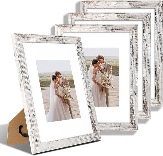9x12 Picture Frame Set of 4, Made of Glass and Distressed White Wooden Frame - Display Picture 6x8 with Mat or 9 x 12 Without Mat, 9 by 12 Photo for Wall or Tabletop