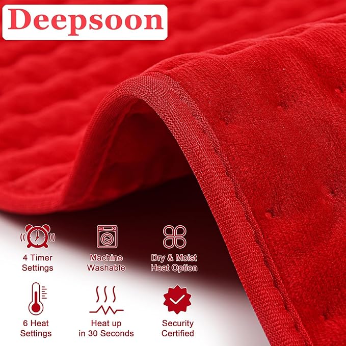 Deepsoon Heating Pad,Electric Heating Pads for Back,Neck,Abdomen,Moist Heating Pad for Shoulder,Knee,Arms,Legs,Dry/Moist Heat & Auto Shut Off,Christmas Gifts for Men and Women,Red,24x20 Inch
