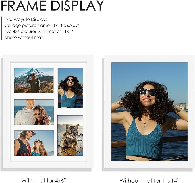 11x14 Collage Picture Frame, 4x6 Collage Picture Frame, Displays Five 4x6 inch Photos, or 11x14 (Without Mat) Wall Decor Wall Hanging or Tabletop, White.