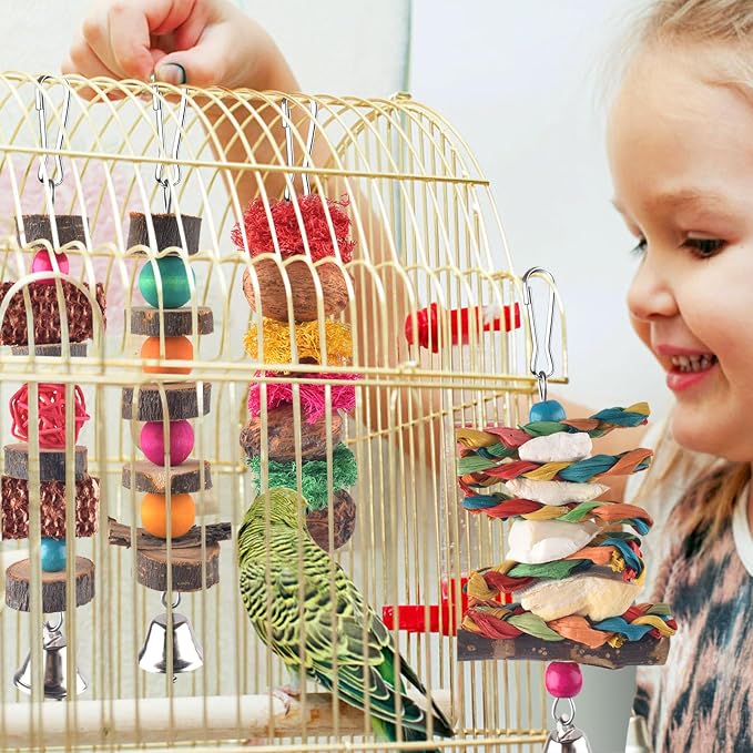 Bissap 7‑Pack Bird Chew Toys, Natural Wood Perch for Small Medium Parrots | Reduces Cage Boredom, Hanging Wooden Set with Chew Toys & Perch Stand, Fits Conure, Cockatiel, Parrotlet, Lovebird, Budgie