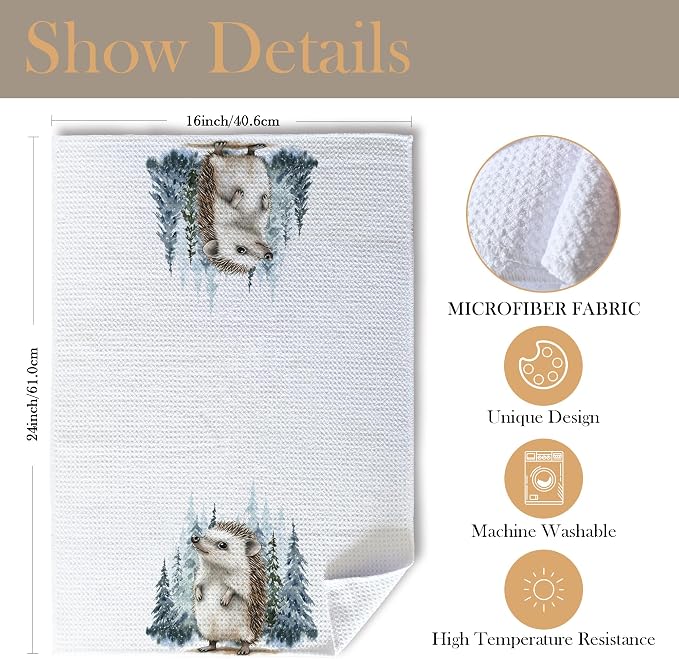 Winter Christmas Hedgehog Kitchen Towels, Hedgehog Gifts Dish Tea Towels for Kitchen, Winter Pine Tree Forest Decorative Hand Towel for Kids Bathroom Decor, 16x24 Inch