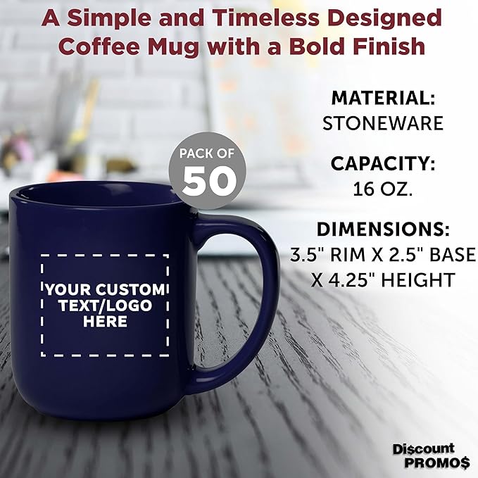 DISCOUNT PROMOS Custom Vibrant Color Glossy Ceramic Mugs 16 oz. Set of 50, Personalized Bulk Pack - Perfect for Tea, Espresso, Cappuccino, Hot Cocoa - Cobalt Blue