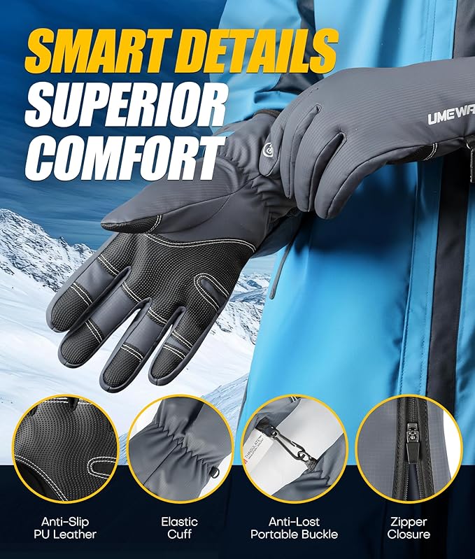Winter Gloves Men Women Made with 3M Insulation, -20°F GEANI-TEX™ Waterproof Ski Gloves for Cold Weather, 5-Layer Thermal Snow Gloves, 10 Touchscreen Fingers Snowboard gloves for Cycling, Hiking