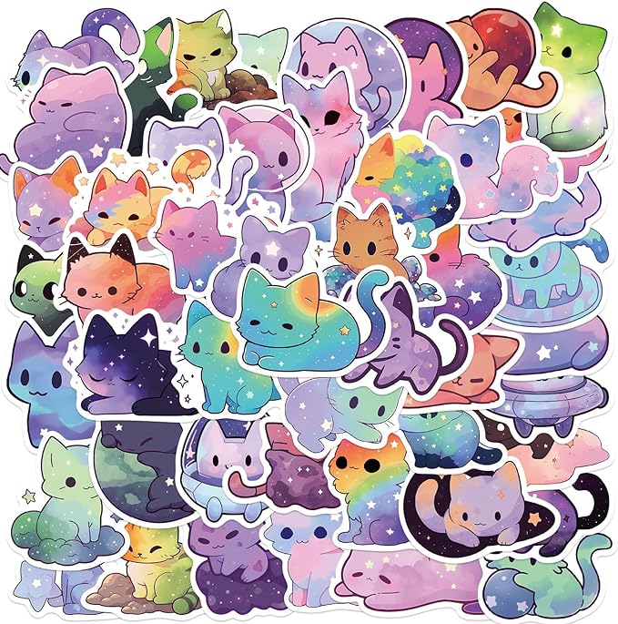 50Pcs Cats Sticker, Cute Starry Sky Cats Stickers for Kids Teens Adults, Vinyl Cartoon Pink Animals Decals Kawaii Sticker for Decor Water Bottles Laptops Guitar Scrapbook (Starlight Cat)