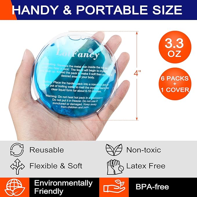 LotFancy Reusable Hand Warmer, 6 Click Activated Instant Heat Packs and 1 Wrap, Gel Heating Pad, Snap Hot Therapy Compress for Pain Relief, Outdoor & Small Portable Size