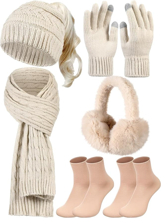 Geyoga 6 Pcs Women Winter Beanie Hat Scarf Gloves Ear Muffs Fuzzy Socks Set, Touchscreen Gloves for Thermal Gift Cold Weather