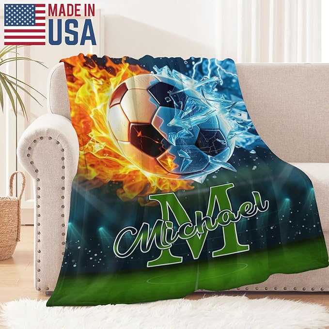 Personalized American Ball Games Blanket - Customized Throw Blanket for Kids Teens Adults Sports Lovers (Football Basketball Elements Design)