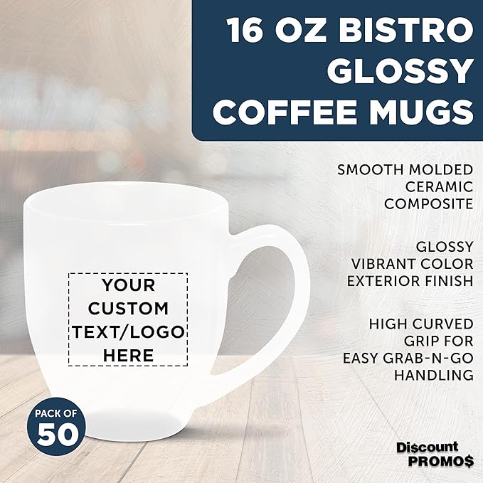 Custom Large Coffee Cups 16 oz. Set of 50, Personalized Bulk Pack - Perfect for Tea, Espresso, Cappuccino, Hot Cocoa - White