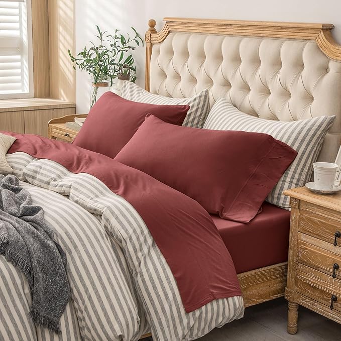 PURE ERA Jersey Knit 4pc Bed Sheet Set 100% T-Shirt Cotton Super Soft Comfy Breathable Fits Mattress Up to 20" Extra Deep Pocket (Solid Brick Red, King)