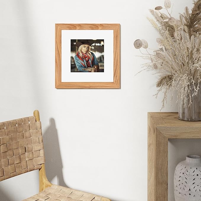 Fun Memories 12x12 Picture Frame, Square Frame with Mat for 8x8 Photo, Solid Elm Wood & Tempered Glass, Rustic Photo Frame Wall & Tabletop Display, Natural, 1 Pack