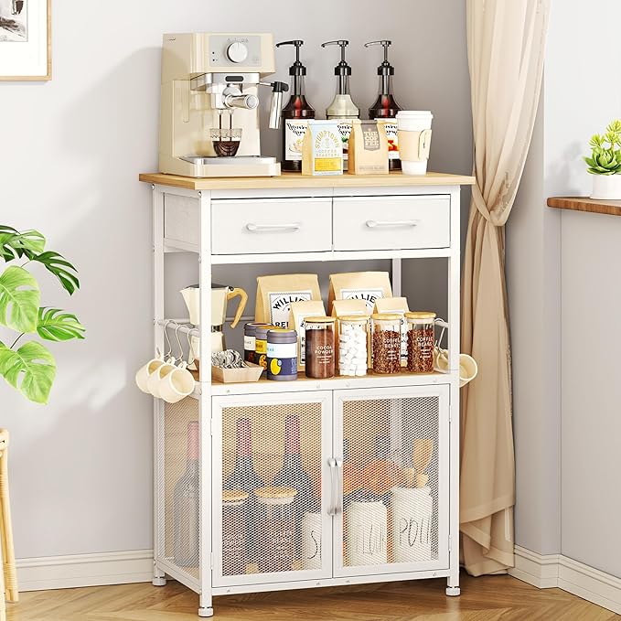 SWTYMIKI Coffee Bar Cabinet with Drawer - 20.47" Coffee Stand Station with Removable Hooks, Buffet Cabinet for Coffee Maker or Microwave, Kitchen Bar Table Storage Organizer, Natural