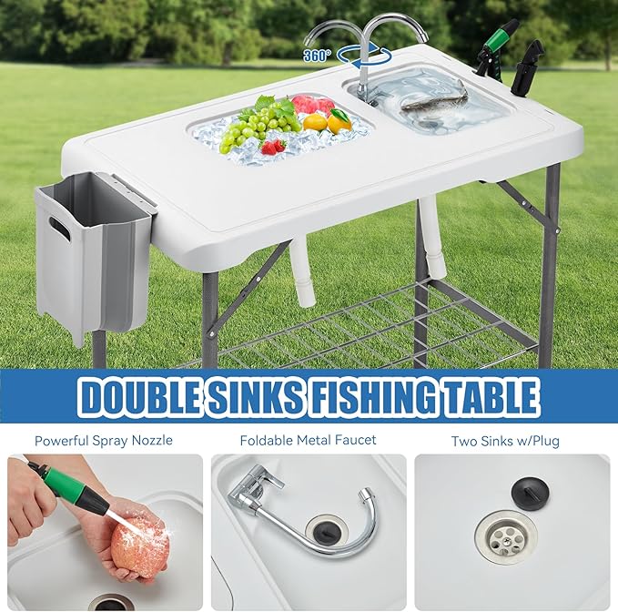 Folding Fish Cleaning Table Portable Camping Double Sinks Table w/2 Dual Water Basins, Faucet Drainage Hose & Sprayer Outdoor Fish Fillet Cleaning Station w/Knife, Storage Box,Black | Portable, Camping, 2 Dual Water Basins, Faucet, Drainage Hose, Sprayer