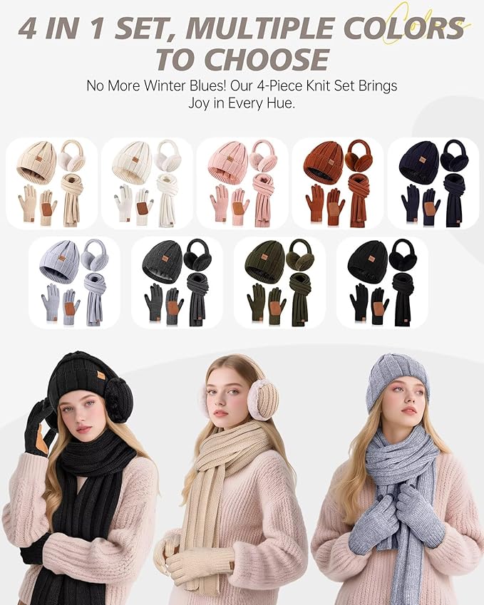 Winter Hat Gloves Scarf Earmuffs Set for Women, Fleece Lined Beanie Long Scarf Touchscreen Gloves Ear Warmer, 4 in 1 Gift Set