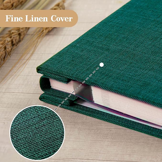 potricher Large Photo Album Self Adhesive 3x5 4x6 5x7 8x10 10x12 Pictures Linen Cover 40 Blank Pages Magnetic DIY Scrapbook Album with A Metallic Pen (Dark Green, 13.2x12.8 inches 40 Pages)