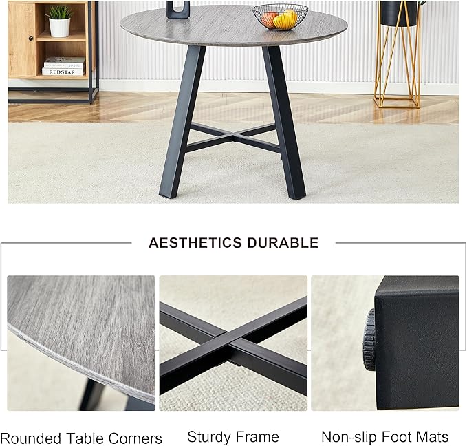 Modern Round Dining Table & Chairs Set for 4, 42" Wood Table with Upholstered Brown PU Leather Chairs for Kitchen, Dining Room & Small Spaces