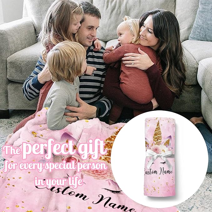 Personalized Unicorn Blanket with Name for Girl, Custom Name Blanket for Teen, Soft Flannel Pink Unicorn Toddler Blanket Customized Gift for Birthday New Year Gift 50''x60''