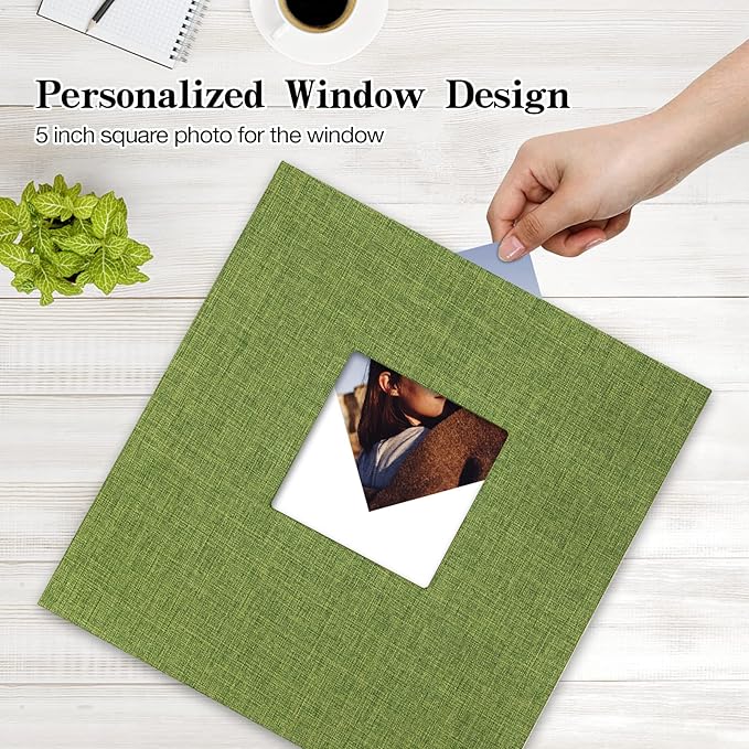 potricher 13.2x12.8 Inch Self Adhesive Photo Album Linen Cover 80 Pages Sticky 3x5 4x6 5x7 6x8 8x10 8.5x11 Magnetic DIY Scrapbook Photo Album with A Metallic Pen (Green)