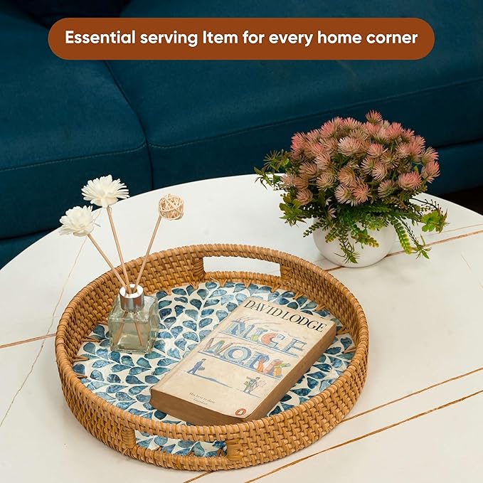KOLWOVEN Round Rattan Tray with Handle, Rattan Serving Tray with Mother of Pearl Inlay Wooden Base, Decorative Wicker Basket for Table Decor (Blue Leaves)