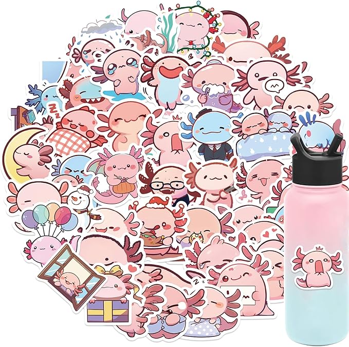 50Pcs Axolotl Sticker, Cute Salamander Stickers for Kids Teens Adults, Vinyl Cartoon Pink Animals Decals Kawaii Axolotls Sticker for Decor Water Bottles Laptops Guitar Scrapbook (Axolotl)