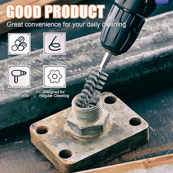 MAXMAN Stainless Steel Bore Brush, 8pcs Wire Brush for Drill, Durable Metal Bristles Twisted, 8 Size Set Multiple Diameter Options, 1/4 Inch Hex Shank, for Power Drill Impact Driver & Tube Cleaning