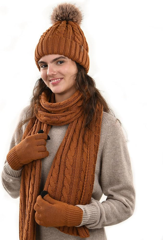 FURTALK Womens Winter Hat Gloves Scarf Set Fleece Knit Pom Beanie Warm Neck Warmer Touchscreen Gloves 3 in 1 Gift Set