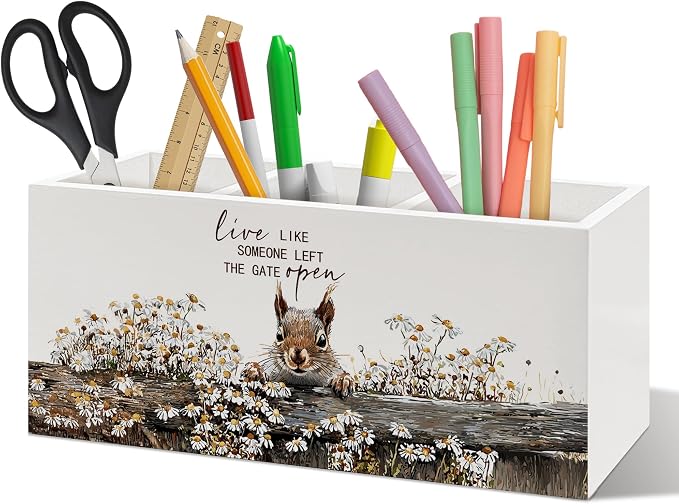 Rustic Squirrel Pen Holder Organizer, Farmhouse Squirrel Gifts for Women Men Desk Decor, Live Like Someone Left the Gate Open Wooden Pen Pencil Holders for Vintage Desk Accessories
