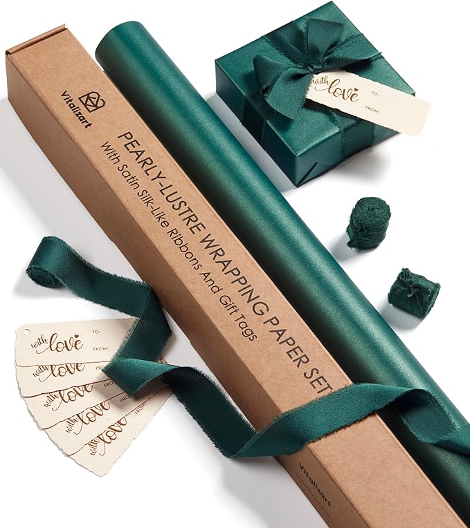 Vitalizart Green Wrapping Paper Set 30" Pearly-Lustre With Silk Like Satin Ribbon & Gift Tags Recyclable Christmas Gift Wrapping Birthday Baby Shower Wedding Handmade Crafts 197"(16.4 Ft)