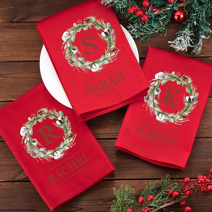 Custom Christmas Kitchen Towels Square Personalized Initial Name Wreath Hand Towels Christmas Tea Dish Towel Kitchen Decor Gifts for Family Red 17.7×17.7INCH
