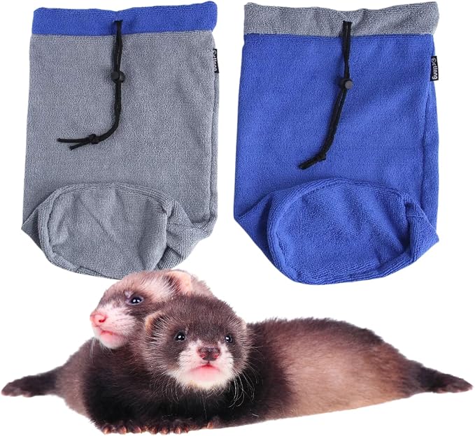 2 Pack Ferret Bath Towel Bag - Fast Drying Absorbent Bathrobe with Adjustable Drawstring Microfiber Towel for Hamster Squirrel Bearded Dragon Rabbit Small Animal Grooming Accessories (Blue+Grey)