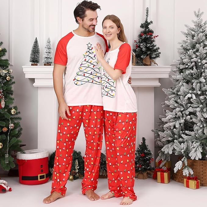 Christmas Pajamas for Family Matching Holiday PJ's Jammies Sets with Short Sleeve Tee and Pants Sleepwear Loungewear