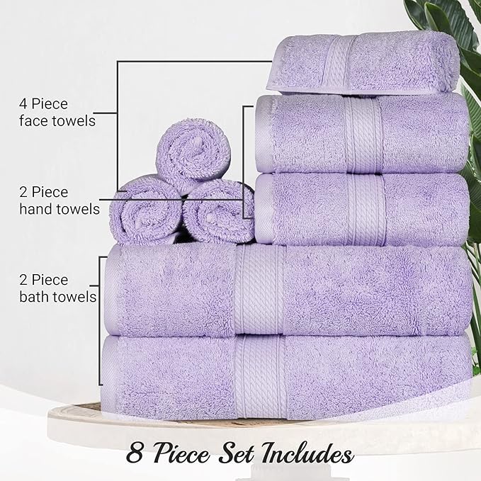 BLUENILEMILLS Madison Egyptian Cotton Towels, Towel Set for Bathroom, Shower, Hotel, Plush, 900 GSM, Highly Absorbent and Ultra-Soft Towels, Bath Essentials, 8 Piece Assorted Towel Set, Purple