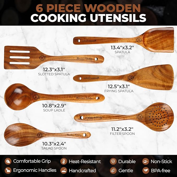 Personalized Wooden Cooking Spoons, Ladle and Spatula – Custom Engraved Teak Wood Utensils Set of 6, Ideal Gift for Housewarming, Christmas, Weddings & Friends
