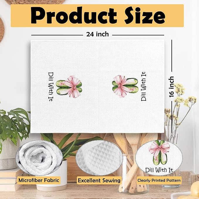 Coquette Pink Bows Pickle Jars Kitchen Towels Set of 2, Cucumber Pickle Lovers Hand Towel, Dill with It Funny Pickle Gifts, Pickle Party Kitchen Decorative Tea Towel Dish Towels 16x24 Inch