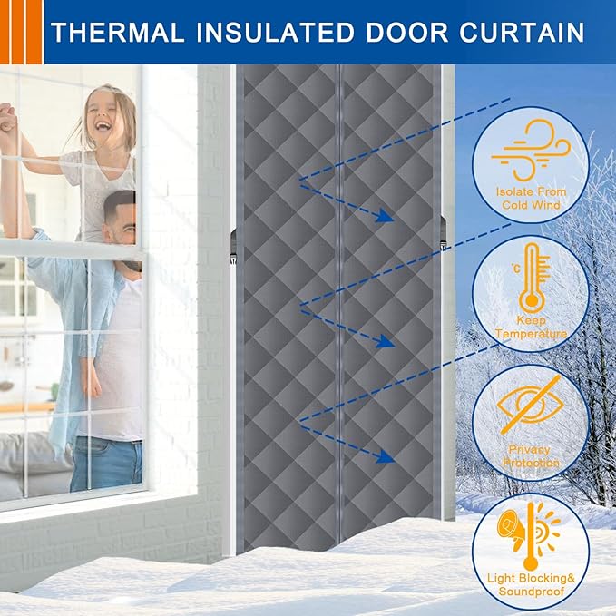 Magnetic Thermal Insulated Door Curtain,Fits Door Size 38'' x 82'', Durable Oxford Cloth Thicken Cotton Fiber Fill, Temporary Door Insulation Cover,Soundproof Weatherproof Doors Blanket