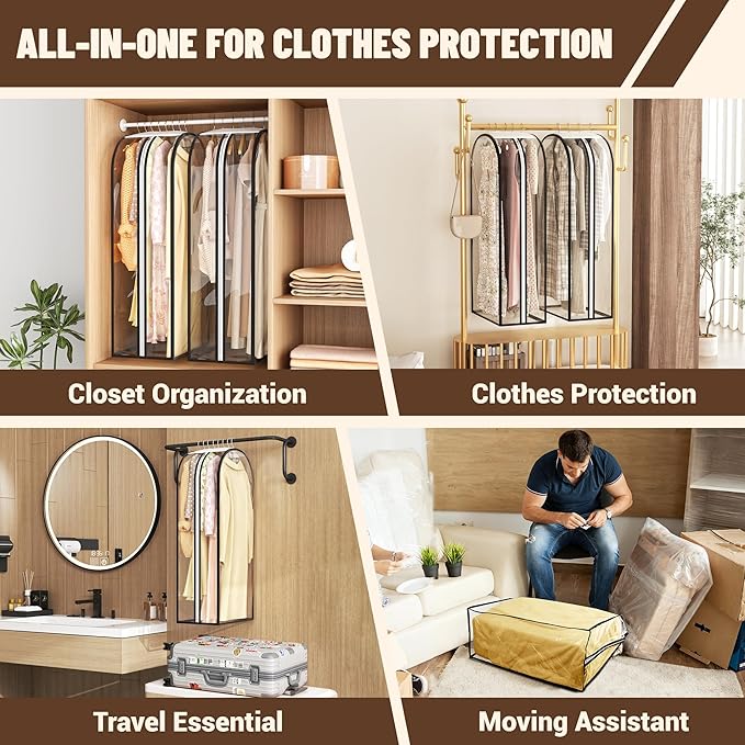 Garment Bags for Hanging Clothes 60” Long, Ultra Clear Suit Bags for Closet Storage, Moving Organization, Travel Covers with 10" Gussets for Coat, Dress, Shirt and Sweater - 2 PCS
