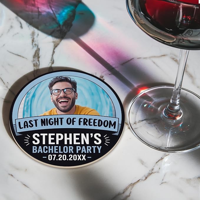 100 Pack Personalized Bachelor Party Coasters, Custom Cardboard Drink Coasters with Photo Print and Text, Fun Bachelor Party Favors and Gifts, 3.95" Round, Design 3