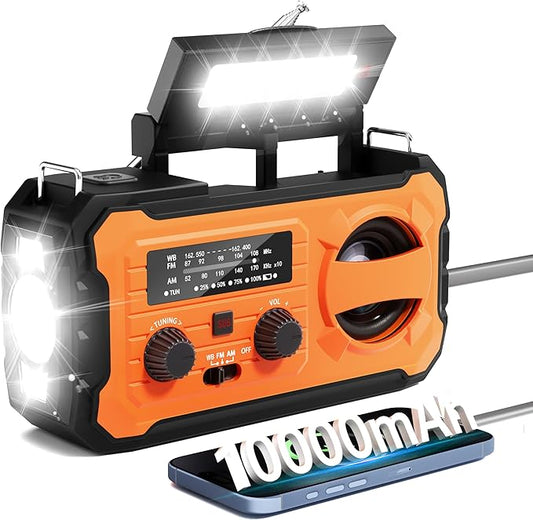 Hand Crank Emergency Radio, 10000mAh Weather Radio with AM/FM/NOAA, Solar Prower, SOS Alarm, Phone Charging, LED Flashlight, Portable Survival Gear for Outdoor & Home Emergencies Kits, Orange