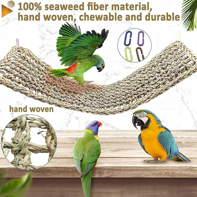 Bird Seagrass Mat 30 x 7 Inch Parrot Natural Seagrass Woven Net Hammock Parakeet Climbing Rope Ladder Mat Chew Toys Cage Accessories for Pigeon Macaw Cockatiel Conure Cockatoo Rat Bearded Dragon