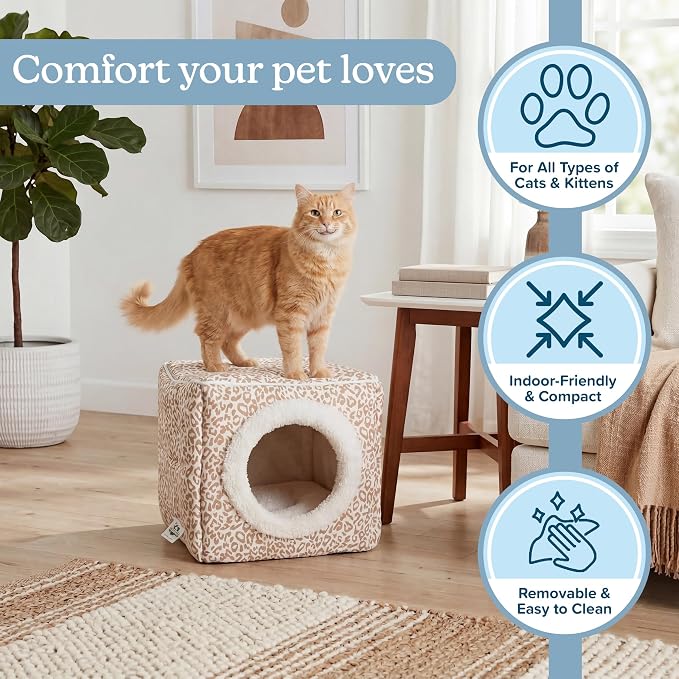 Cat House - Indoor Bed with Removable Foam Cushion - Cat Cave for Puppies, Rabbits, Guinea Pigs, and Other Small Animals by PETMAKER (Animal Print)