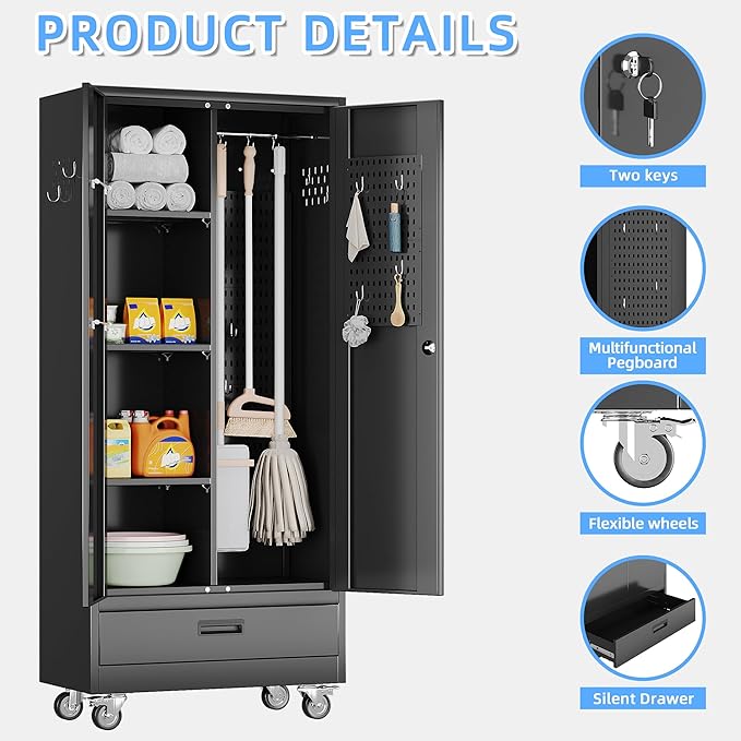 Broom Closet Storage Cabinet with Wheels and Drawer,Garage Storage Cabinet with Magnetic Doors,Pegboard and Adjustable Shelves for Garage Home,Required Assembly,Black