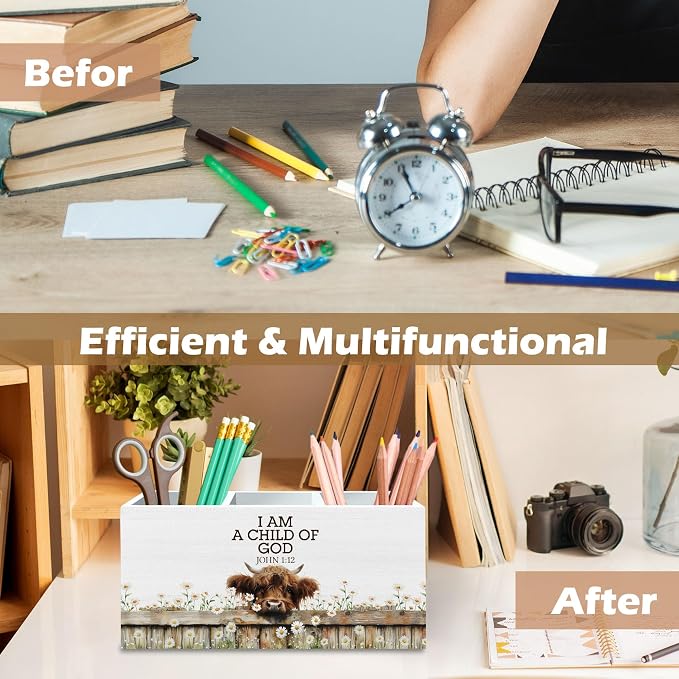 DILSJ Christian Highland Cow Pen Pencil Holder Organizer for Desk, Highland Cow Gifts for Women, I Am a Child of God Wooden Box Signs for Home Office Desk Tabletop Decoration