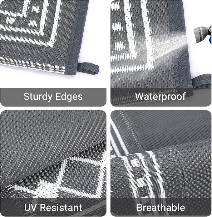 Large Outdoor Rug,9x12 Waterproof Modern Bordered Plastic Straw Carpet,Lightweight Outdoor Carpet,Easy Cleaning Folding Uv Resistant Picnic Camping Mat,Grey/White