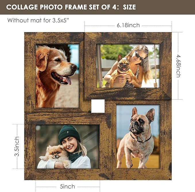3.5x5 Picture Frame Tempered Glass Front Displays Four 3.5 x 5 Photos Frame Display for Tabletop and Wall Hanging Picture Frame Brown