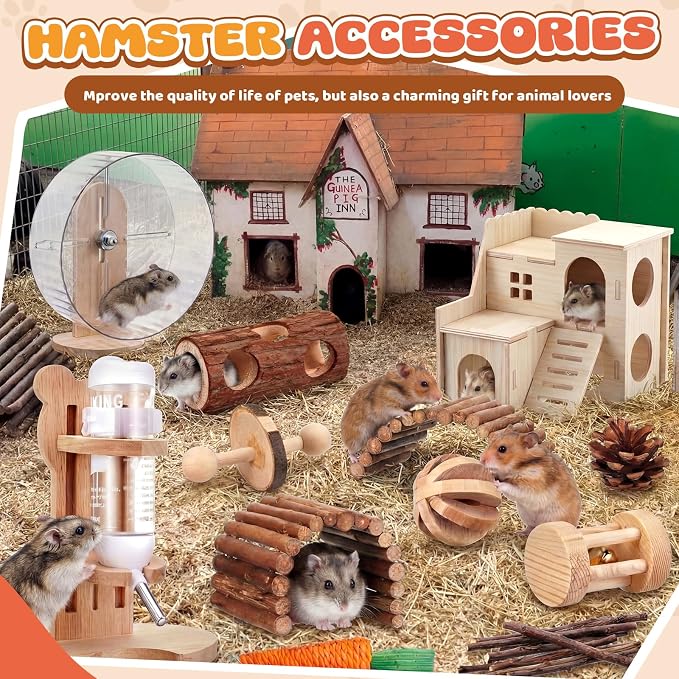 18 Pcs Hamster Cage Accessories, Silent Hamster Wheel 15 Toys Set | Maze Wood House and Water Bottle Set for Rat Mice Small Animals Habitat Decor Enrichment Starters(Natural Log Style)