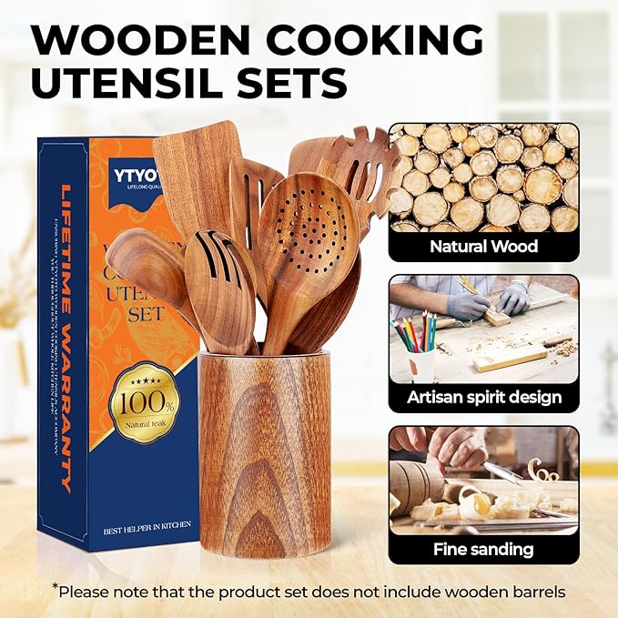 Wooden Utensil Set, Natural Teak Wooden Kitchen Utensils Set, Essential Wooden Spoons for Cooking (9Pcs)