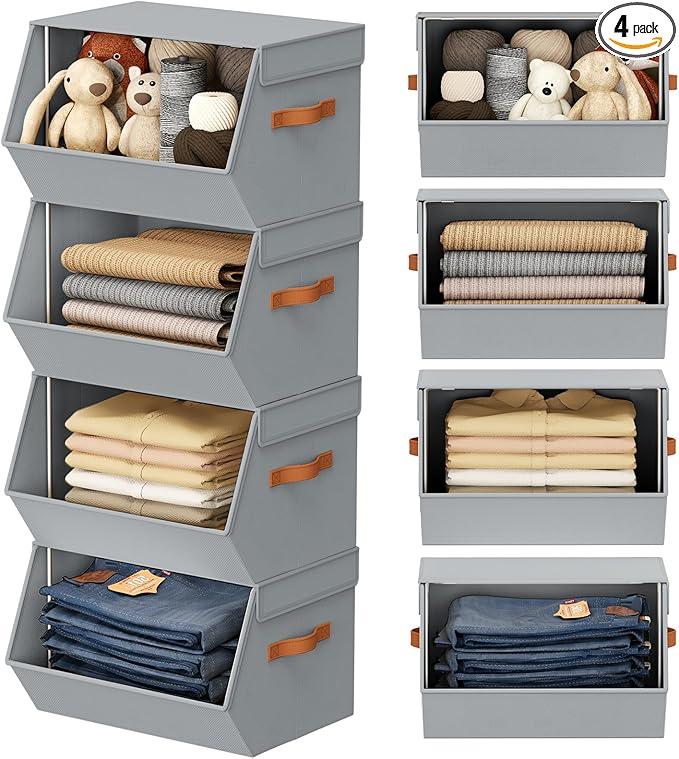 Stackable Closet Organizers and Storage Bins, Open Front Closet Shelf Organizer System With Steel Frame, Clothes Storage Basket Fabric, Collapsible Closet Drawers for Wardrobe, Nursery ,Toy, 4 Pack