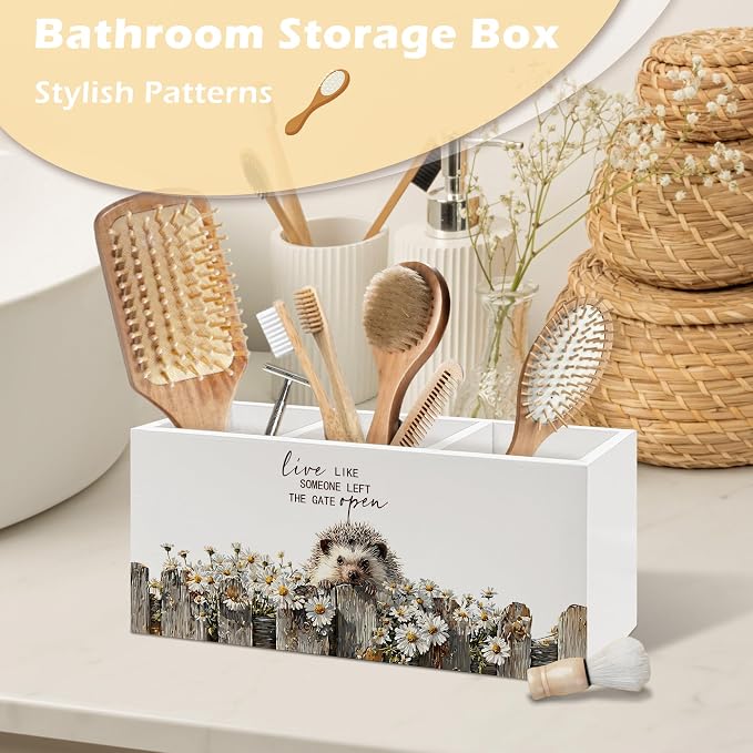 Rustic Hedgehog Pen Holder Organizer, Farmhouse Hedgehog Gifts for Women Desk Decor, Live Like Someone Left the Gate Open Wooden Pen Pencil Holders for Vintage Desk Accessories