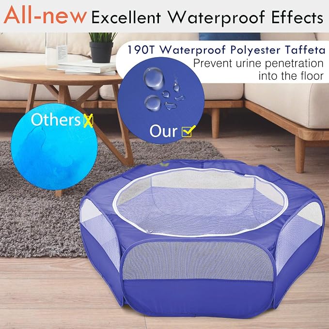 Pawaboo Small Animal Playpen with Zippered Cover,Indigo | Portable pop-up pet tent for supervised rabbits, guinea pigs, chicks and kittens; water-resistant bottom and 3 metal rods
