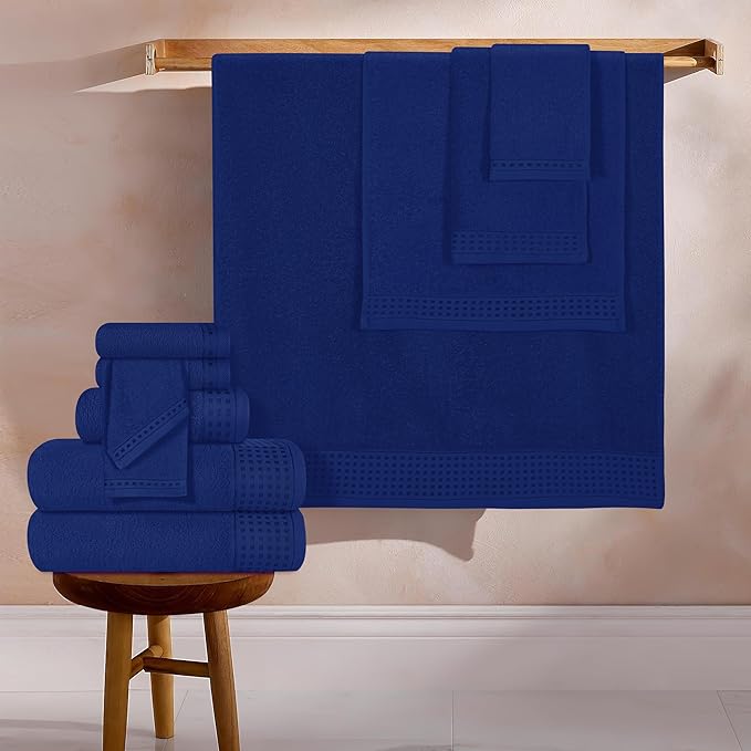GLAMBURG Towels for Bathroom, 100% Cotton Towel Set, Contains 8 Soft Bath Towel, 8 Hand Towels, 8 Wash Cloths - Compact Absorbent Lightweight & Quickdry - 24 Piece Bathroom Towel Set - Navy Blue